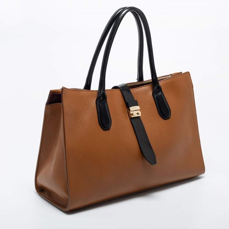 Pre Owned Furla Brown/Black Leather Pushlock Flap Tote