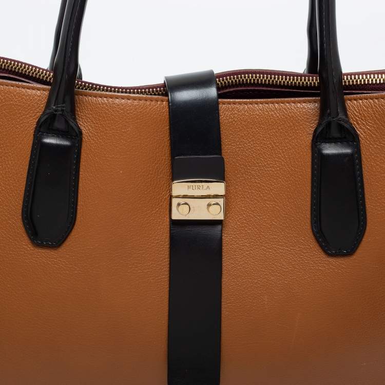 Pre Owned Furla Brown/Black Leather Pushlock Flap Tote
