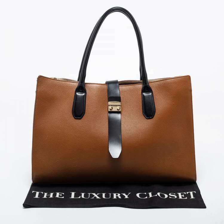 Pre Owned Furla Brown/Black Leather Pushlock Flap Tote