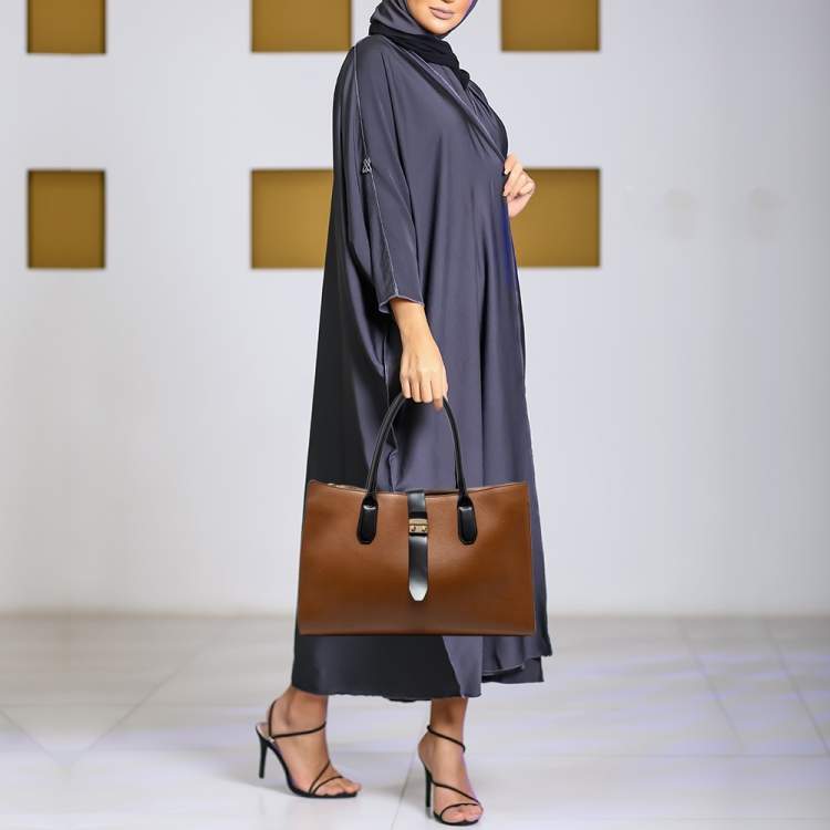 Pre Owned Furla Brown/Black Leather Pushlock Flap Tote