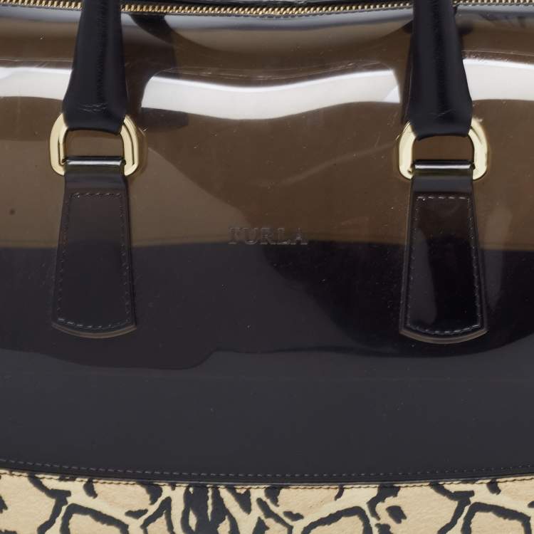 Pre Owned Furla Black/Beige Leopard Print Rubber and Leather Candy Satchel