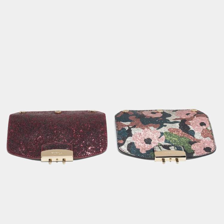 Pre Owned Furla Grey/Gold Leather and Glitter Interchangeable Flaps My Play Mini Metropolis Bag