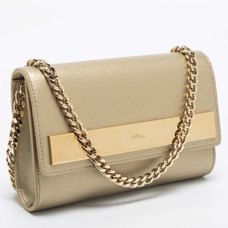 Pre Owned Furla Gold Leather Metal Flap Chain Clutch