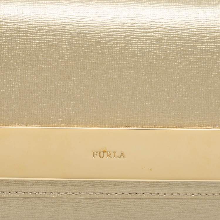 Pre Owned Furla Gold Leather Metal Flap Chain Clutch