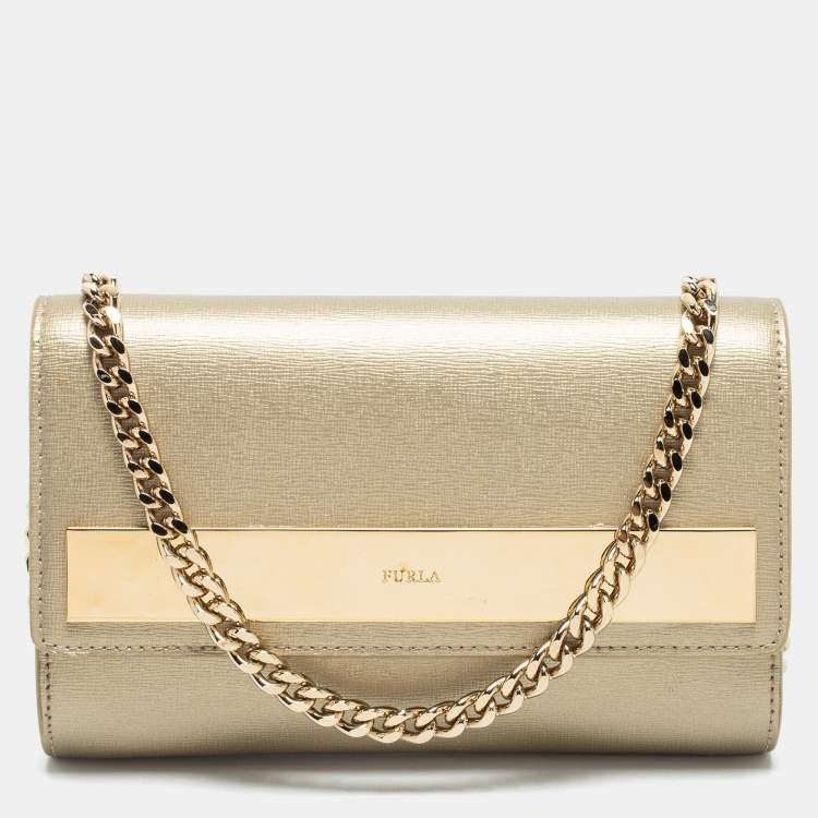Pre Owned Furla Gold Leather Metal Flap Chain Clutch