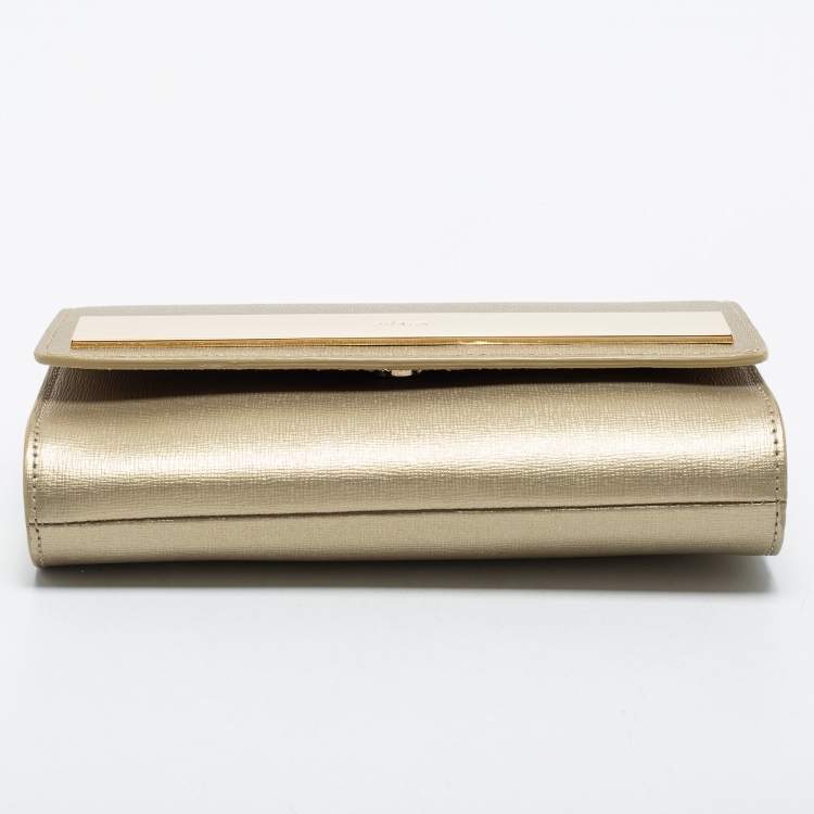 Pre Owned Furla Gold Leather Metal Flap Chain Clutch