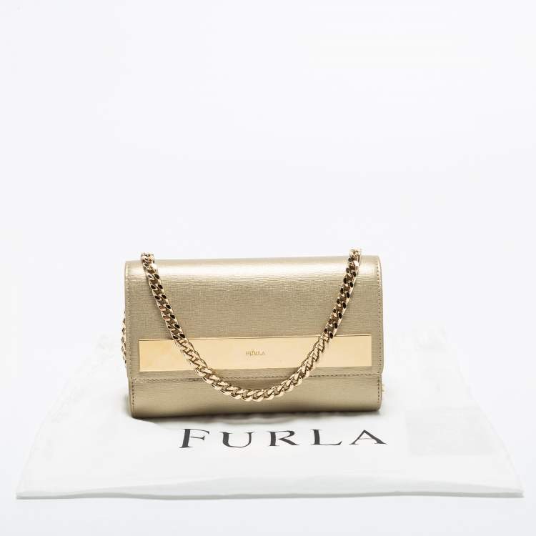 Pre Owned Furla Gold Leather Metal Flap Chain Clutch