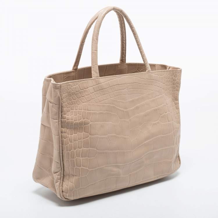 Pre Owned Furla Beige Croc Embossed Leather Practica Tote 
