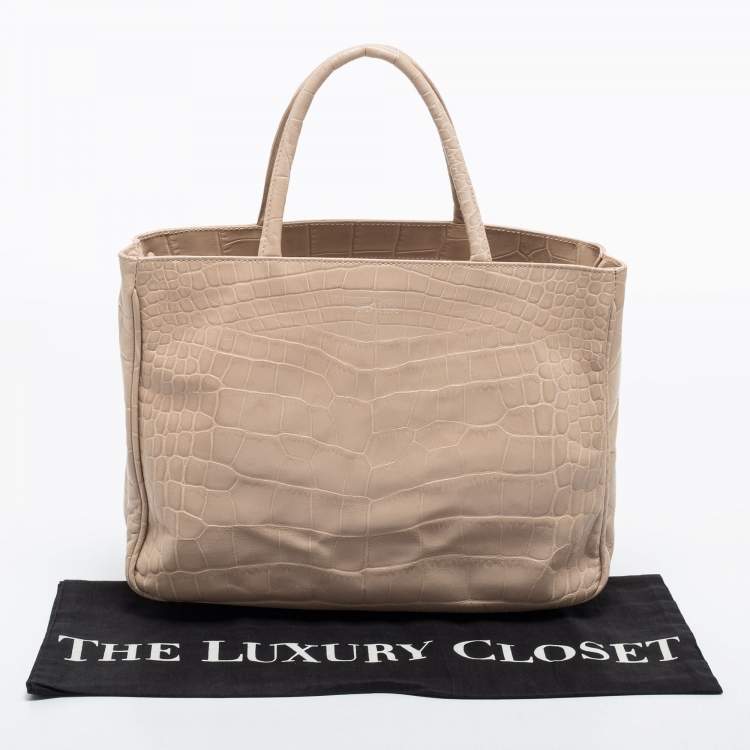 Pre Owned Furla Beige Croc Embossed Leather Practica Tote 