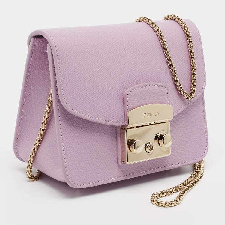 Pre Owned Furla Purple Leather Mini Metropolis Chain Crossbody Bag