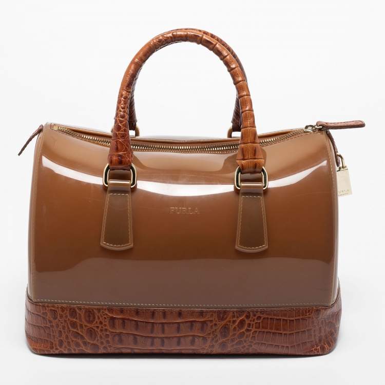 Pre Owned Furla Brown Embossed Leather and Rubber Medium Candy Satchel