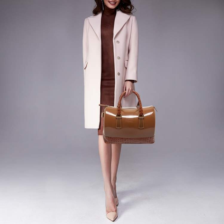 Pre Owned Furla Brown Embossed Leather and Rubber Medium Candy Satchel