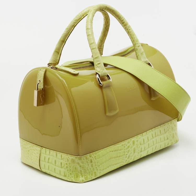 Pre Owned Furla Light Green Rubber and Croc Embossed Leather Candy Bag