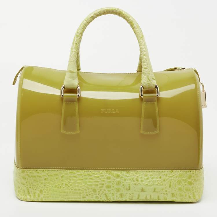 Pre Owned Furla Light Green Rubber and Croc Embossed Leather Candy Bag