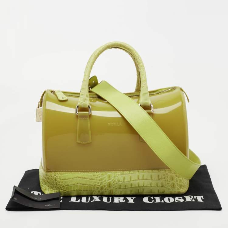 Pre Owned Furla Light Green Rubber and Croc Embossed Leather Candy Bag