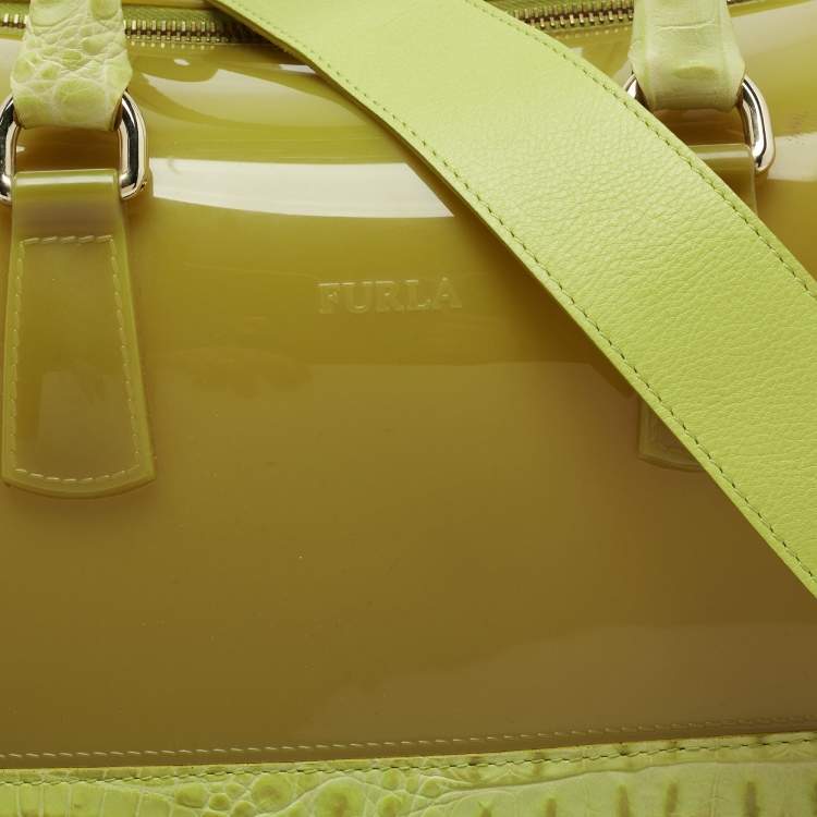 Pre Owned Furla Light Green Rubber and Croc Embossed Leather Candy Bag