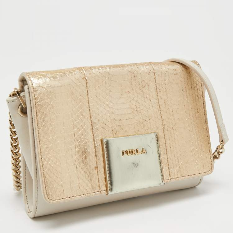 Pre Owned Furla Gold/Cream Leather and Python Embossed Leather Shoulder Bag