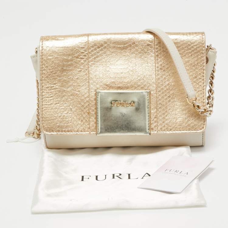 Pre Owned Furla Gold/Cream Leather and Python Embossed Leather Shoulder Bag