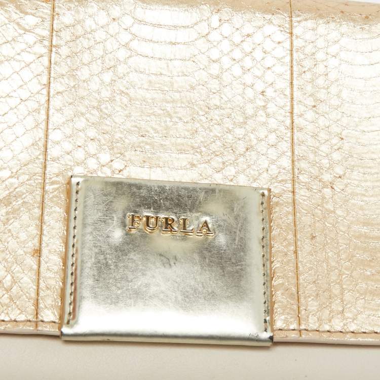 Pre Owned Furla Gold/Cream Leather and Python Embossed Leather Shoulder Bag