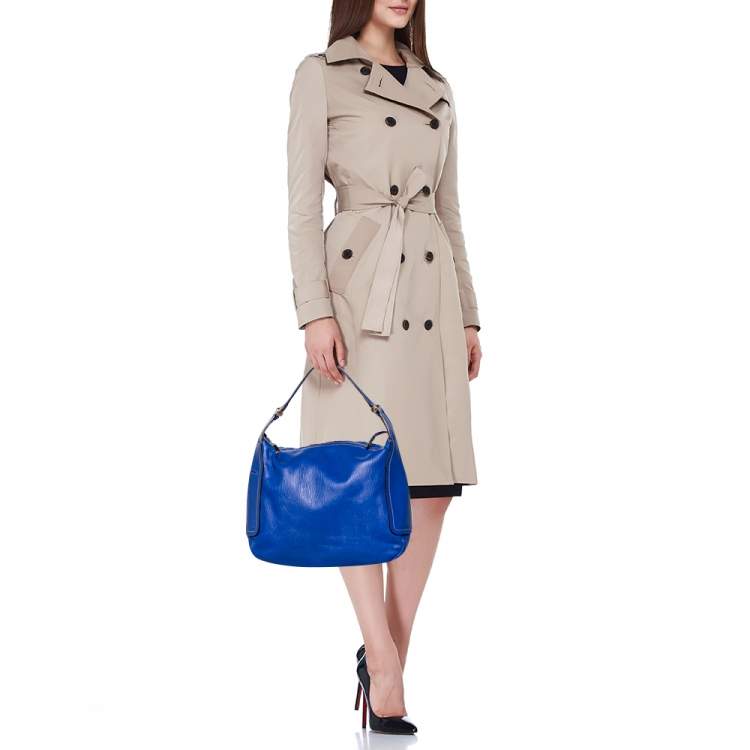 Pre Owned Furla Blue Leather Top Zip Hobo