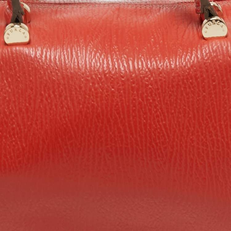 Pre Owned Furla Orange Textured Leather Zip Boston Satchel