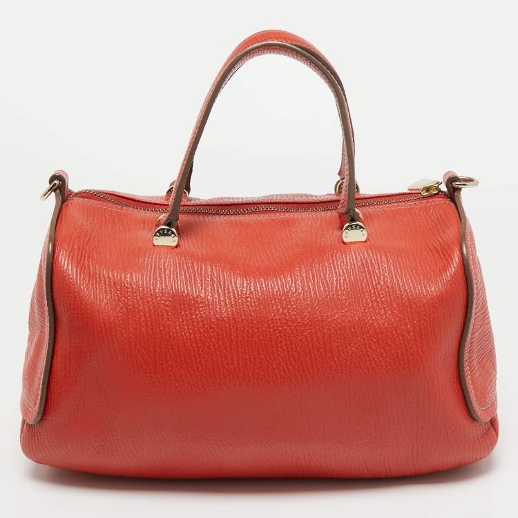 Pre Owned Furla Orange Textured Leather Zip Boston Satchel