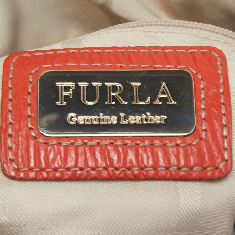Pre Owned Furla Orange Textured Leather Zip Boston Satchel