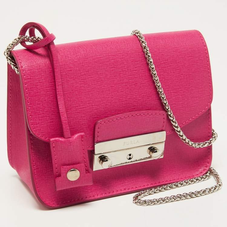 Pre Owned Furla Pink Leather Mini Metropolis Chain Crossbody Bag