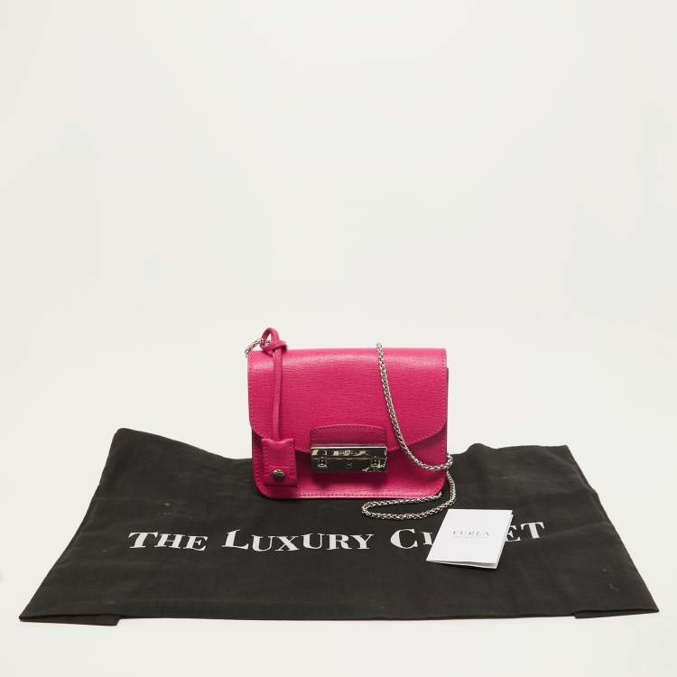 Pre Owned Furla Pink Leather Mini Metropolis Chain Crossbody Bag
