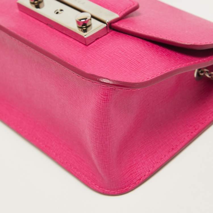 Pre Owned Furla Pink Leather Mini Metropolis Chain Crossbody Bag