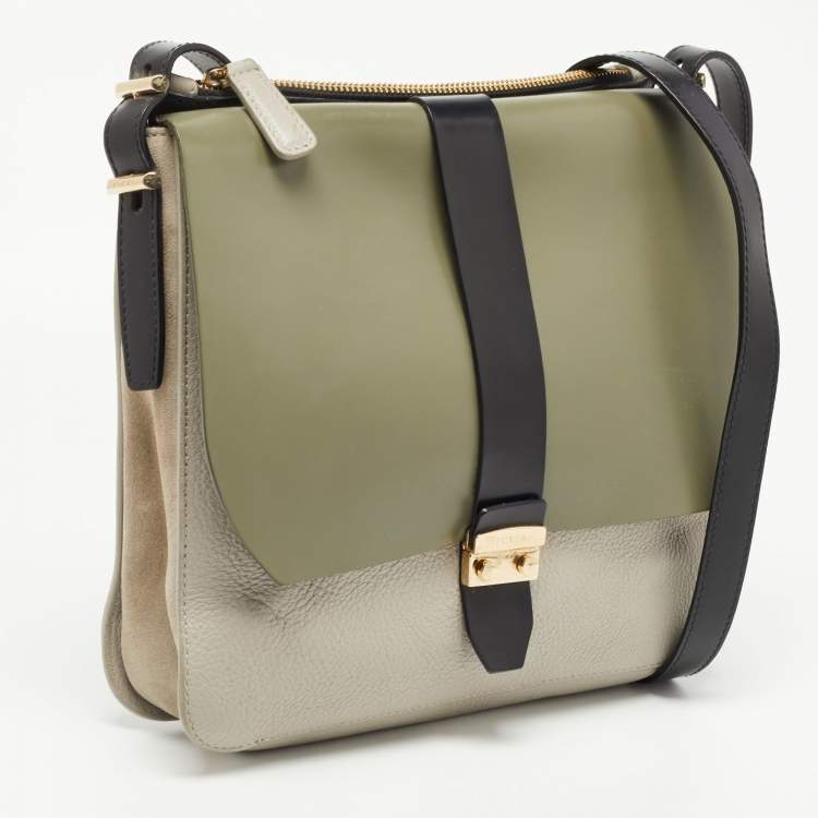 Pre Owned Furla Tri Color Leather and Suede Flair Flap Messenger Bag