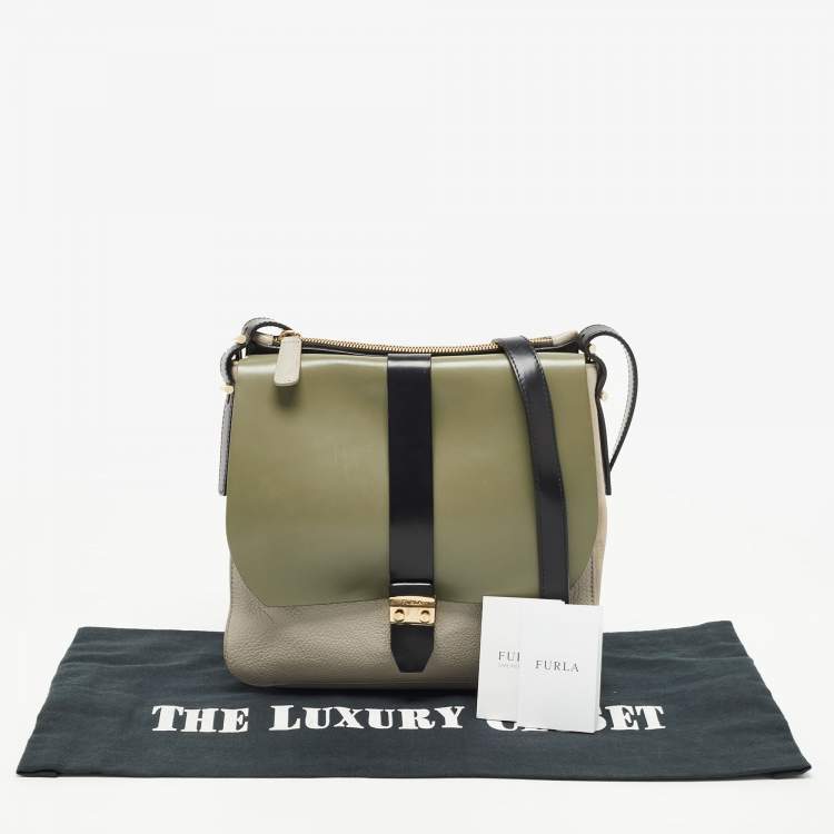 Pre Owned Furla Tri Color Leather and Suede Flair Flap Messenger Bag