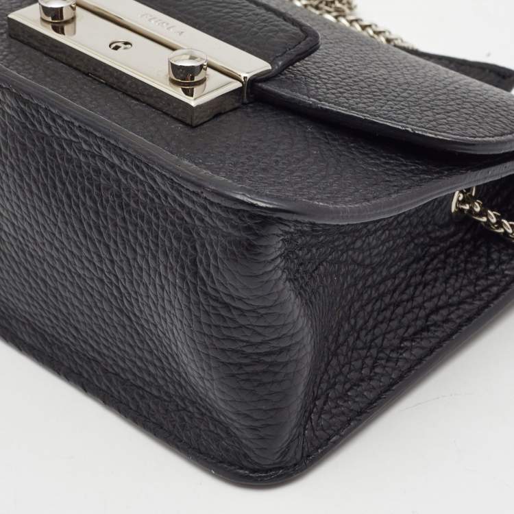 Pre Owned Furla Black Leather Mini Metropolis Chain Crossbody Bag