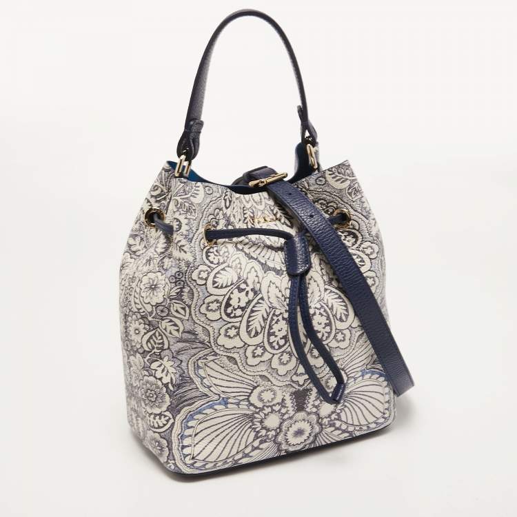Pre Owned Furla Blue/White Floral Printed Leather Stacy Drawstring Bucket Bag