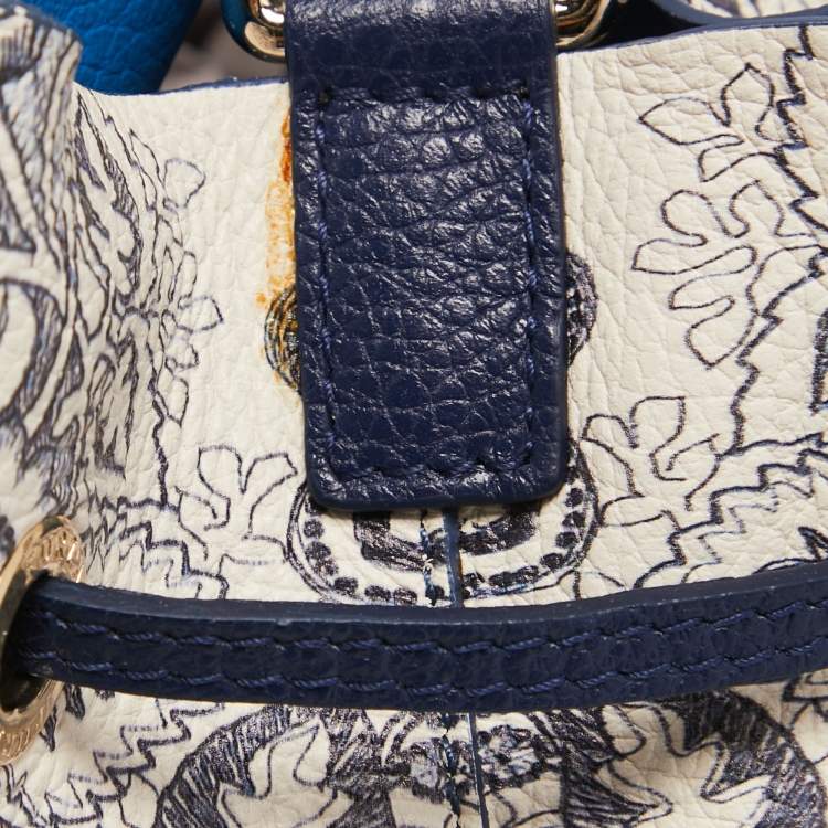 Pre Owned Furla Blue/White Floral Printed Leather Stacy Drawstring Bucket Bag