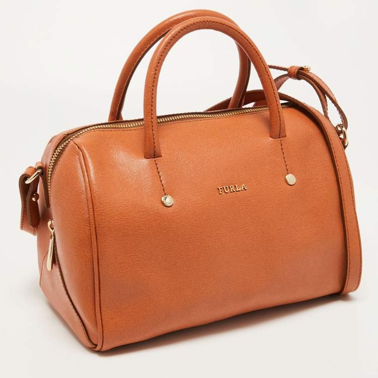 Pre Owned Furla Slight Orange Leather Alissa Boston Satchel