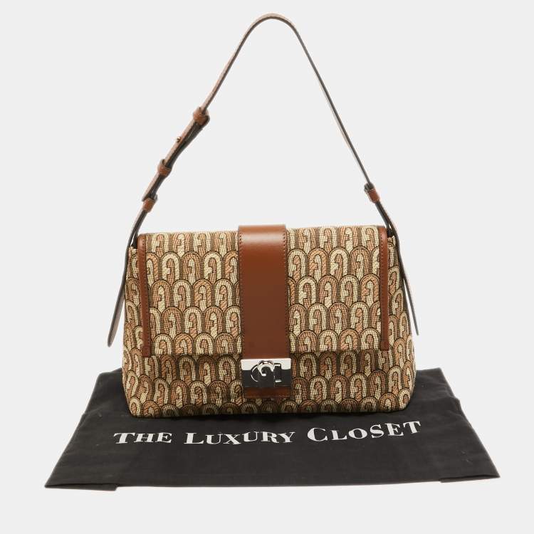 Pre Owned Furla Beige/Brown Signature Jacquard Canvas and Leather Charlie Shoulder Bag