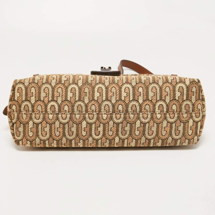Pre Owned Furla Beige/Brown Signature Jacquard Canvas and Leather Charlie Shoulder Bag