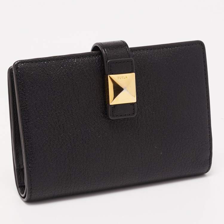 Pre Owned Furla Black Leather Stud Flap Compact Wallet