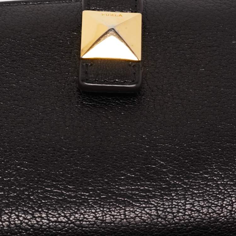 Pre Owned Furla Black Leather Stud Flap Compact Wallet