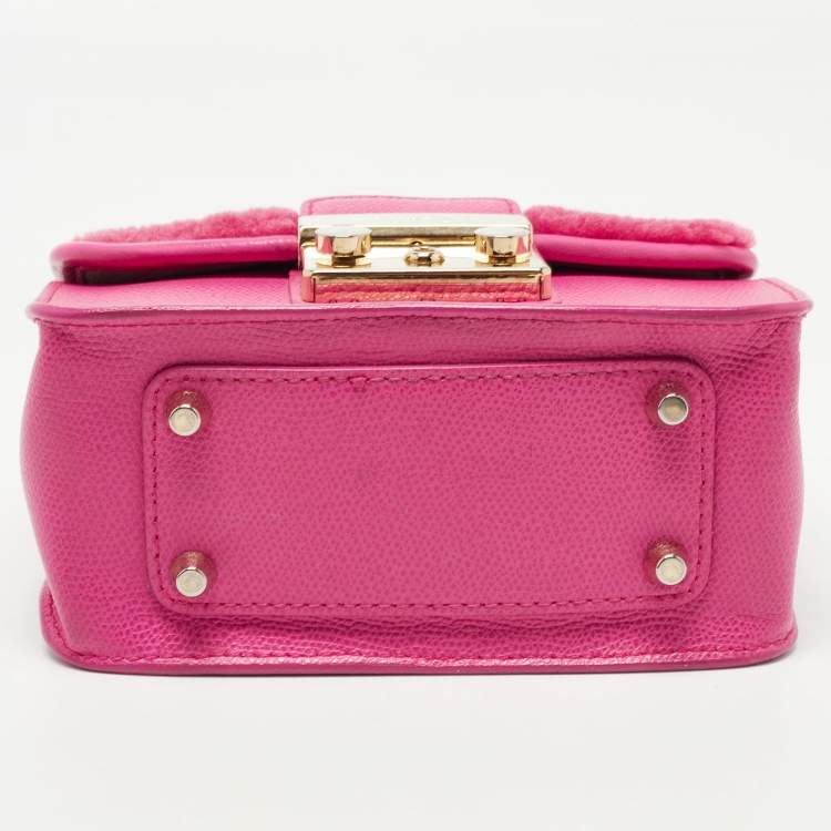 Pre Owned Furla Pink Leather and Shearling Effect Mini Metropolis Chain Crossbody Bag