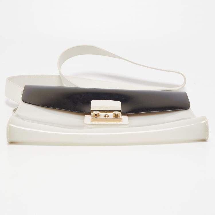 Pre Owned Furla White/Black Rubber and Leather Flap Pushlock Shoulder Bag