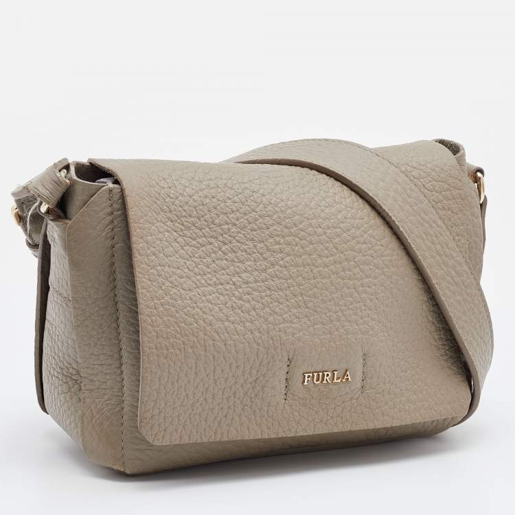 Pre Owned Furla Grey Leather Flap Crossbody Bag 
