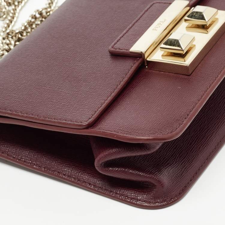 Pre Owned Furla Dark Burgundy Leather Mini Bella Crossbody Bag