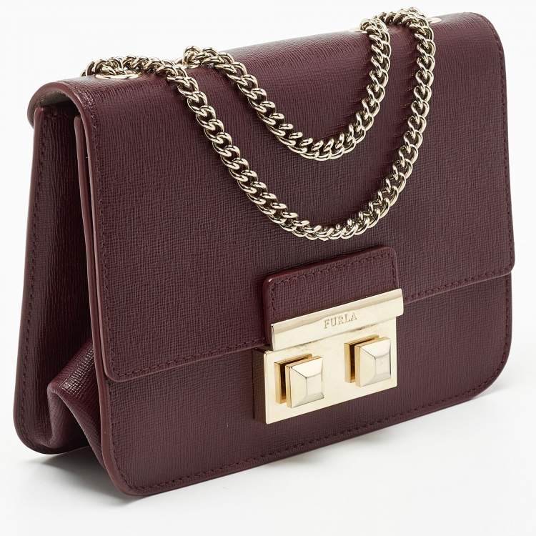 Pre Owned Furla Dark Burgundy Leather Mini Bella Crossbody Bag
