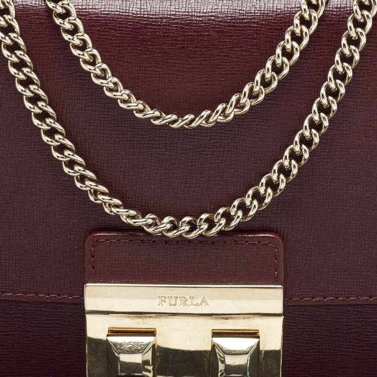 Pre Owned Furla Dark Burgundy Leather Mini Bella Crossbody Bag