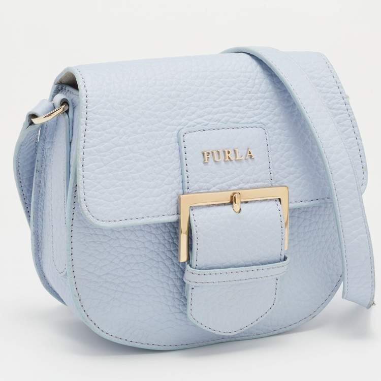 Pre Owned Furla Light Blue Leather Flap Crossbody Bag 