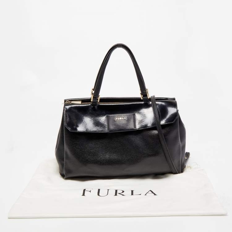 Pre Owned Furla Black Patent and Leather Top Handle Bag