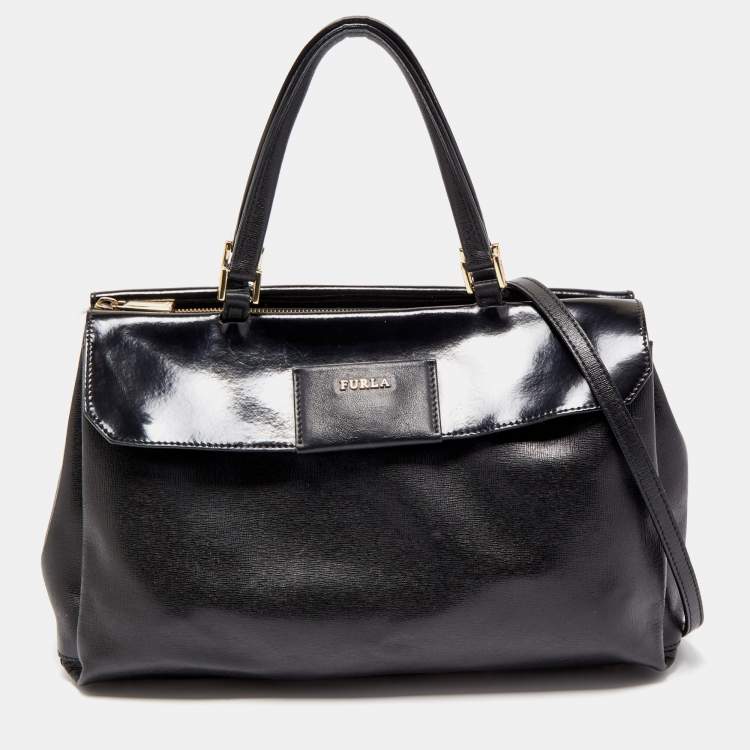 Pre Owned Furla Black Patent and Leather Top Handle Bag