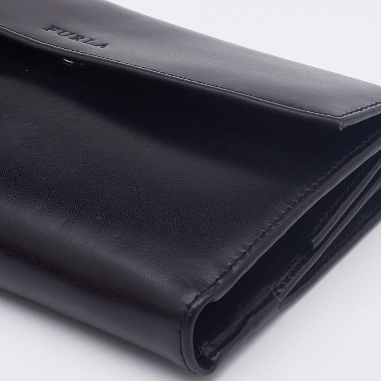 Pre Owned Furla Black Glossy Leather Logo Trifold Compact Wallet 